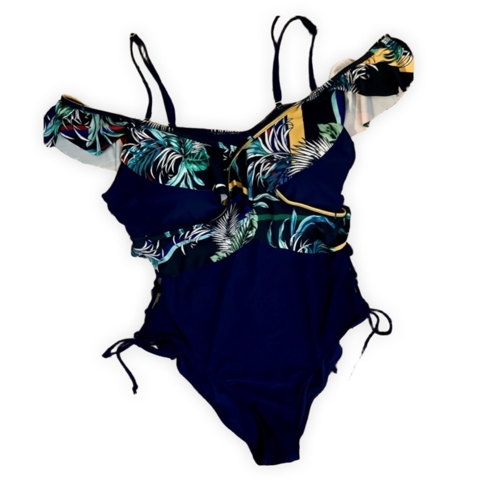 NWOT Swimsuit XOXO 1 PC Navy Tropical Print Ruffle Trim Off Shoulder Mallot L - Picture 2 of 11